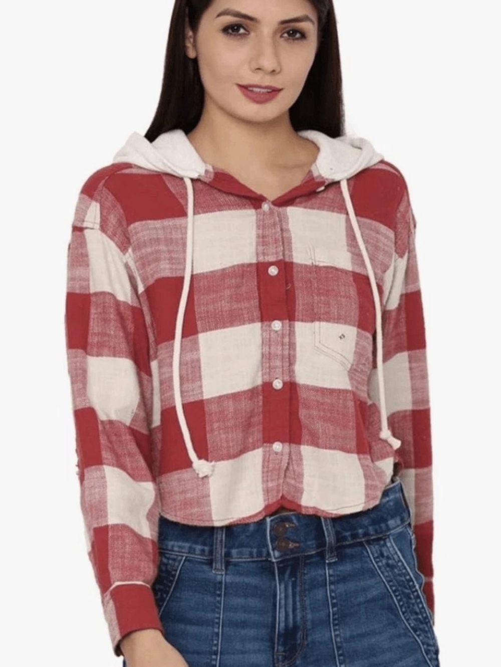 American Eagle Womens Buttons Up Long Sleeves Hooded Shirt Jacket Red/Beige Sz M